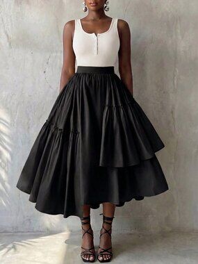 Black Casual Women's Ruffle Asymmetrical Midi Skirt